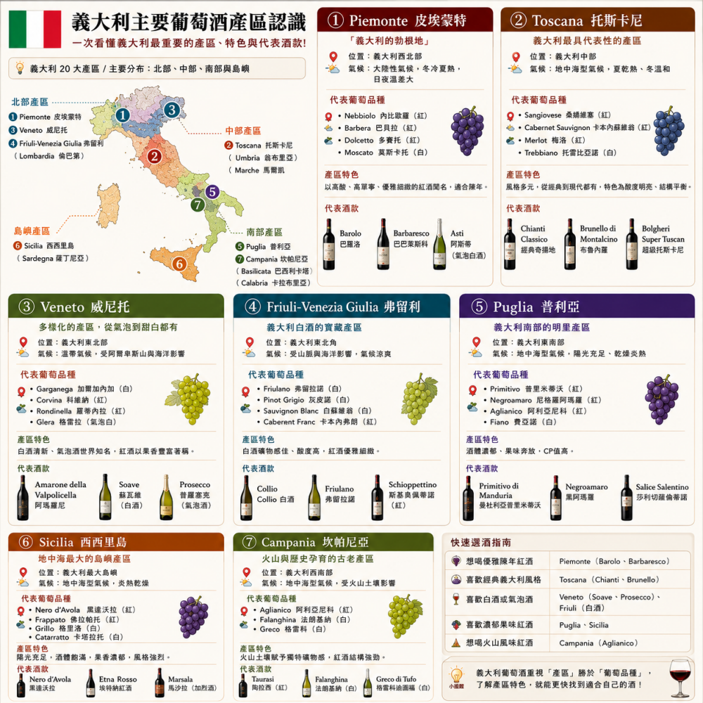 義大利葡萄酒產區入門：一次看懂 Piemonte、Toscana、Veneto 等 7 大產區，新手